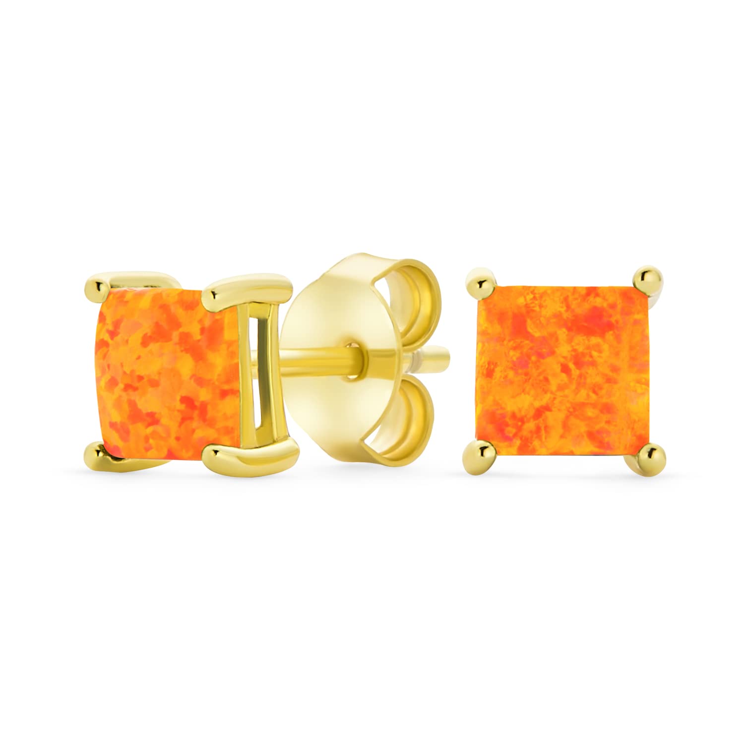 Simple Classic Fire Orange Opulence Gemstone Created Opal Square Princess Cut Stud Earrings Yellow Gold Plated .925 Sterling Silver 5MM October Birthstone