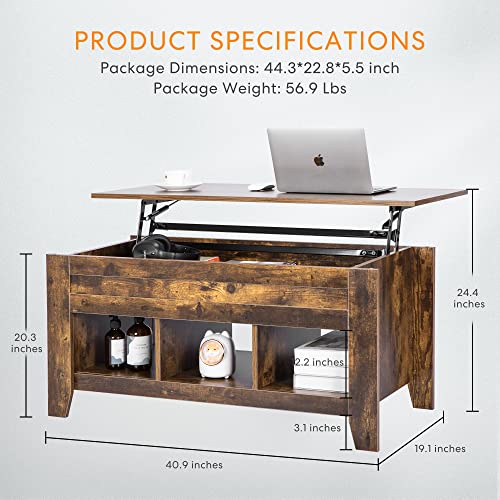 VIVOHOME Lift Top Coffee Table, Dining Table with Hidden and 3 Open