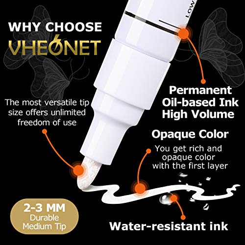 White Paint Pen Metallic Permanent Painting Markers for Fabric Glass Plastic Rock Wood Ceramic Leather Tire Painting,Medium Tip Fast Drying, Water Resistant Ink(6 Pack)