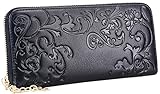 Heshe Womens Leather Long Wallets Organizer Clutch Card Case Holder Wallet Money Clips with Zippered Around Fit 8 Credit Card Slots (Black-E)