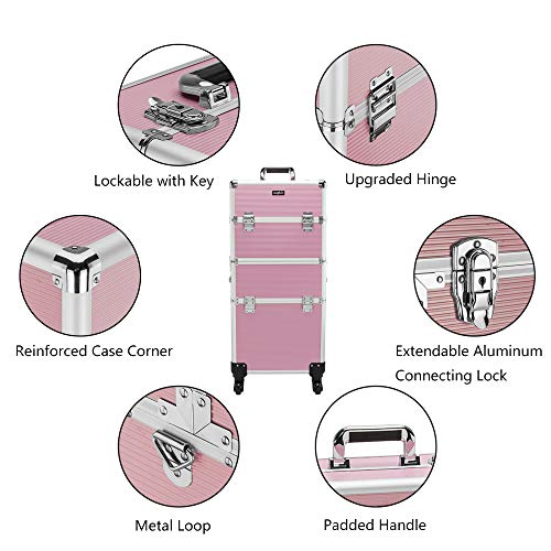 2 in 1 Rolling Makeup Train Case, Makeup Travel Organizer Cosmetic Case, Aluminum Cosmetology Display Suitcase on Wheels, Beauty Storage Luggage Lockable w/4 Removable Wheels (Pink) - Thumbnail 3