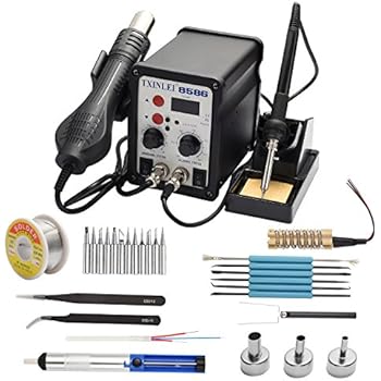 TXINLEI 8586 110V Solder Station, 2 in 1 Digital Display SMD Hot Air Rework Station and Soldering Iron, 12pcs Different Soldering Tips,Solder Wire,Tweezers,Desoldering Pump,700W 480℃