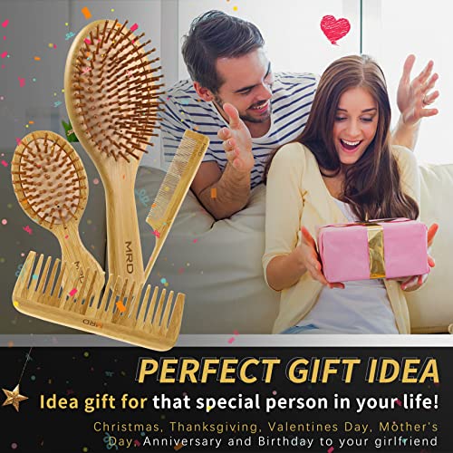MRD Hair Brush Set, Natural Bamboo Comb Paddle Detangling Hairbrush, Widetooth and tail comb No