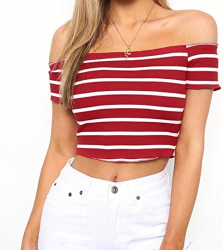 TAORE Women Off Shoulder Short Sleeve Striped Tank Tops Clothes T Shirt Blouse (USM=Size TagL, Red)
