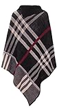 Women's Checked Knitted Winter Poncho Red Band Wrap Shawl Cape (One Size 8-14, Black)