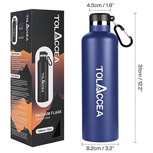 Tolaccea Stainless Steel Water Bottles BPA Free Double Walled Vacuum Insulated Sport Water Bottle 1L for Camping Hiking Cycling Beach Backpacking Running Blue
