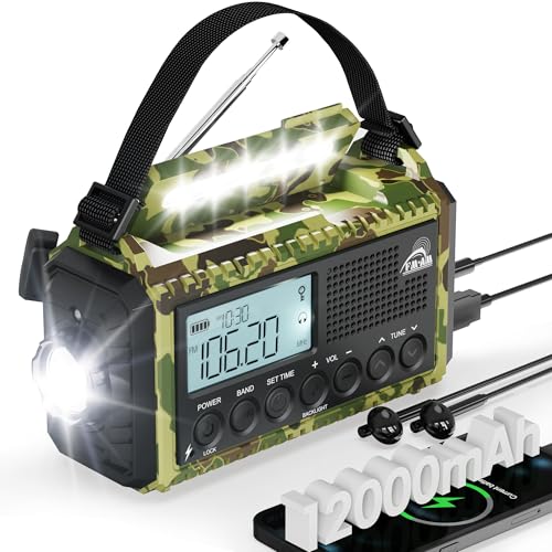 Kurbelradio, 12000mAh Notfallradio, Camping Radio mit Kurbel & Solar, AM/FM