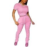 PINSV Women's 2 Piece Outfits Bodycon Lounge Wear Crop Top Stacked Pants Going Out Jogging Tracksuit Sets
