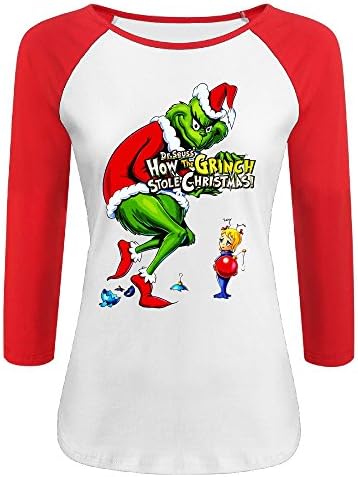 Women's How The Grinch Stole Christmas 100% Cotton 3/4 Sleeve Athletic Raglan Sleeves T-Shirt