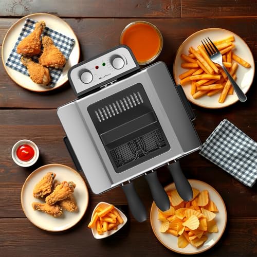 MaznNovo 1800W Deep Fryer with 3 Basket, 5.3QT/21Cup Electric Oil Fryer for Home Use with See-through Window Lid, Adjustable Temperature (Metal Silvery)