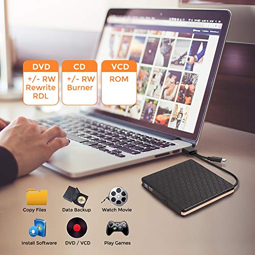 External CD Drive, Optical Drive with USB 3.0 & Type-C for VCD/DVD/CD -ROM/ -R/ +R /-RW Burner/Reader/Writer, Compatible for Windows/Linux/MAC OS (Orange-a)