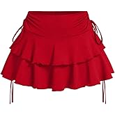 PRSFPN Women's Y2k Mini Ruffle Skirts with Shorts Tiered Layers Cute Elastic Waist Coquette Skort Drawstring Side Bow Tie