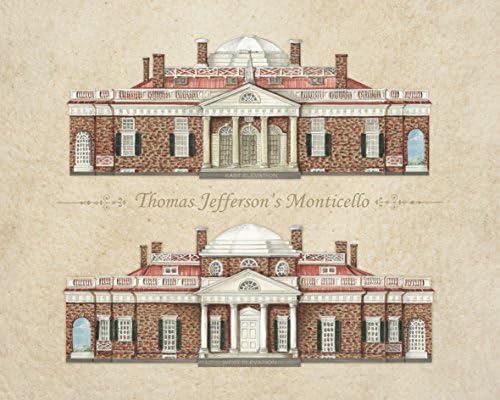 THOMAS JEFFERSON'S MONTICELLO - ARCHITECTURAL RENDERING by CHUCK FISCHER --- EAST and WEST ELEVATIONS - Printed on Highest Quality Acid-Free Watercolor Paper -- 20 in. by 24 in.
