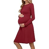 Yousify Womens Long Sleeve Pleated Maternity Dresses Casual A line Knee Length Dress Pregnancy Clothes for Photoshoot