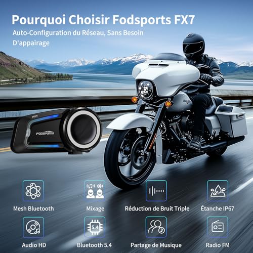 Fodsports FX7 Motorcycle Intercom Bluetooth Mesh - 10 Motorcyclists Bluetooth Mesh Communication System for Helmet with Mixing/3 Channels/Music Sharing/FM Radio/IP67 Waterproof