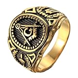 Mens Stainless Steel Ring,Freemason Masonic,Gold Black