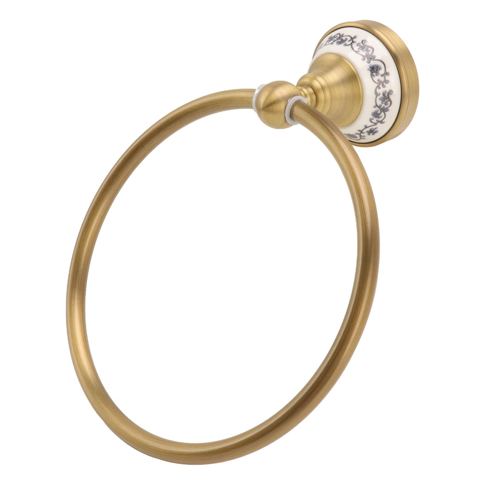 Antique Towel Ring Brass Finish,Wall Mounted Bathroom Hand Towel Holder with Blue and White Porcelain Decal