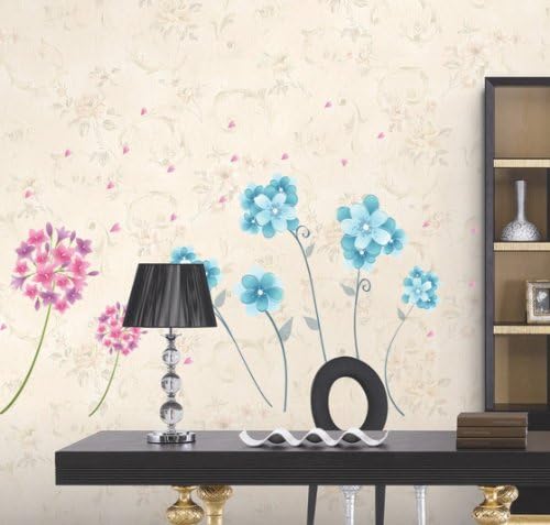 Magic Decals Blue and Red Flowers Flying Leaves Removable Wall Decor Sticker Vinyl Decal Home Decor
