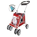 Pet Stroller for Small Dogs and Cats Ultra Light Weight with 4 wheels also good for Ferret / Small Pets Traveling in Style by IBIYAYA (Red)