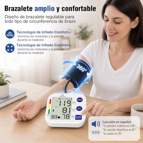 MUINAIFTE Baumanómetro Digital Monitor de Presión Arterial（Blanco） | Brazalete Ajustable 22-36 cm，Baumanómetro Digital con Indicador de Voz Pantalla LCD Grande con Función de Memoria
