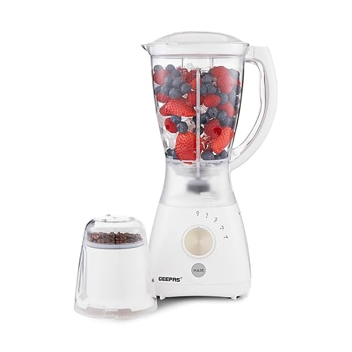 GEEPAS 2-in-1 Food Jug Blender & Smoothie Blender | Ice Crusher Stainless Steel Blades 4 Speeds Pulse Mode | 1.5L Jar Smoothie Milkshake Maker Coffee/Spice Grinder Mill | 1 Year Warranty 550W White