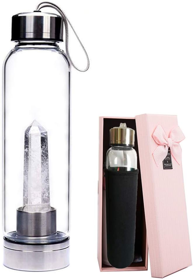 Aliyao Natural Crystal Water Bottle Healing Crystal Quartz BPA-Free Glass Water Bottle Leak Proof Gemstone Cup 550ml