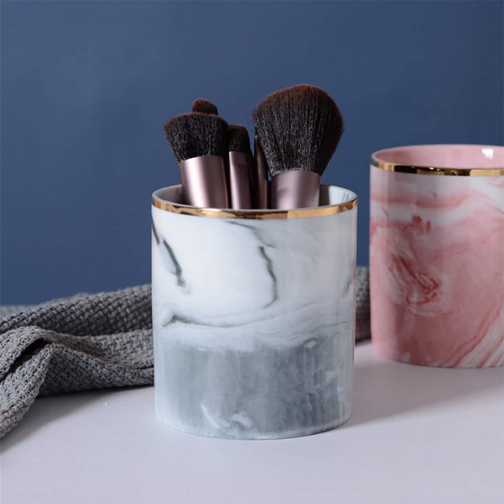 Czemo Ceramic Makeup Brush Holder Marble Pen Pot Holder Pencil Organizer Cup Multifunctional Desk Storage (Grey)