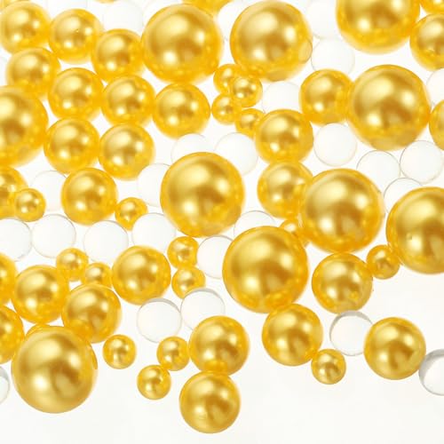 View 1 of 150 Pieces Floating Beads, 8/14/20mm Vase Fillers Beads Vase Centerpieces Floating Pearl Bead No Hole and 8000Pcs Clear Water Gel Bead for Vase Decoration, Gold