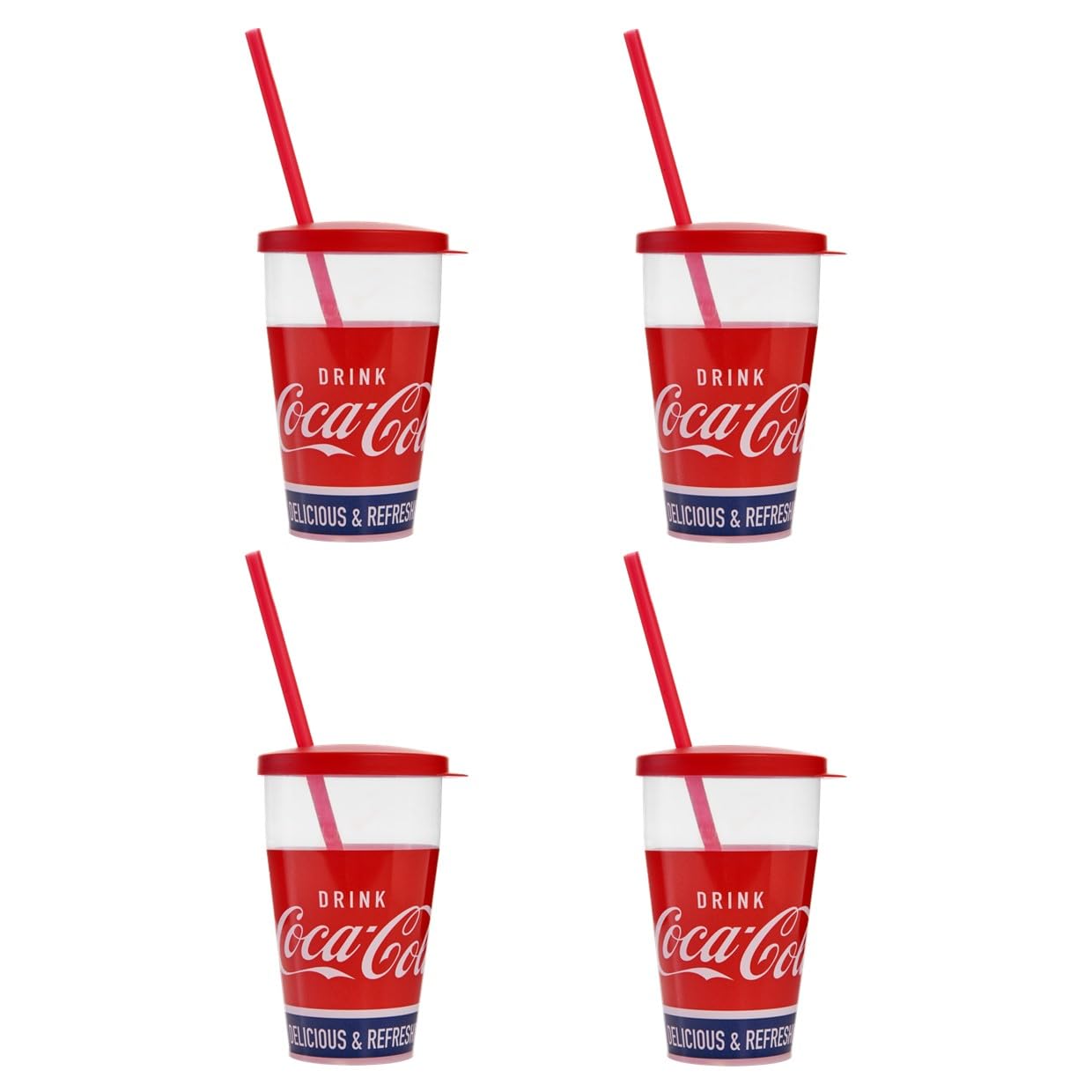 Snips, Coca-Cola Tumblers with Straw 0.5 L, Plastic Glasses Set 4 Pieces, Glasses with Straw and Lid Made in Italy 0% Bpa
