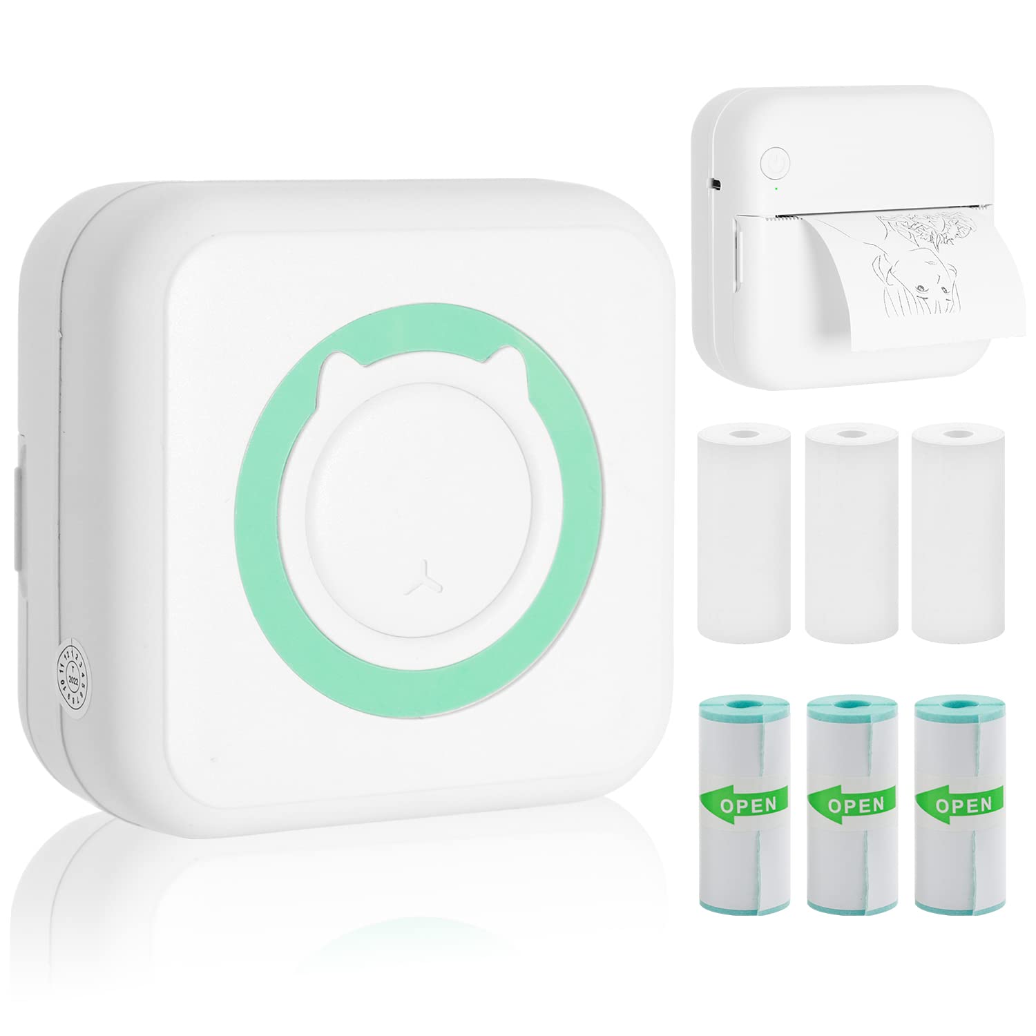 AURTEC Mini Thermal Printer,Portable Wireless Bluetooth Inkless Printer with 3 Rolls of Sticker and 3 Rolls of Thermal Paper,Compatible with Android/iOS,Pocket Printer for Memo,DIY,Photo etc.