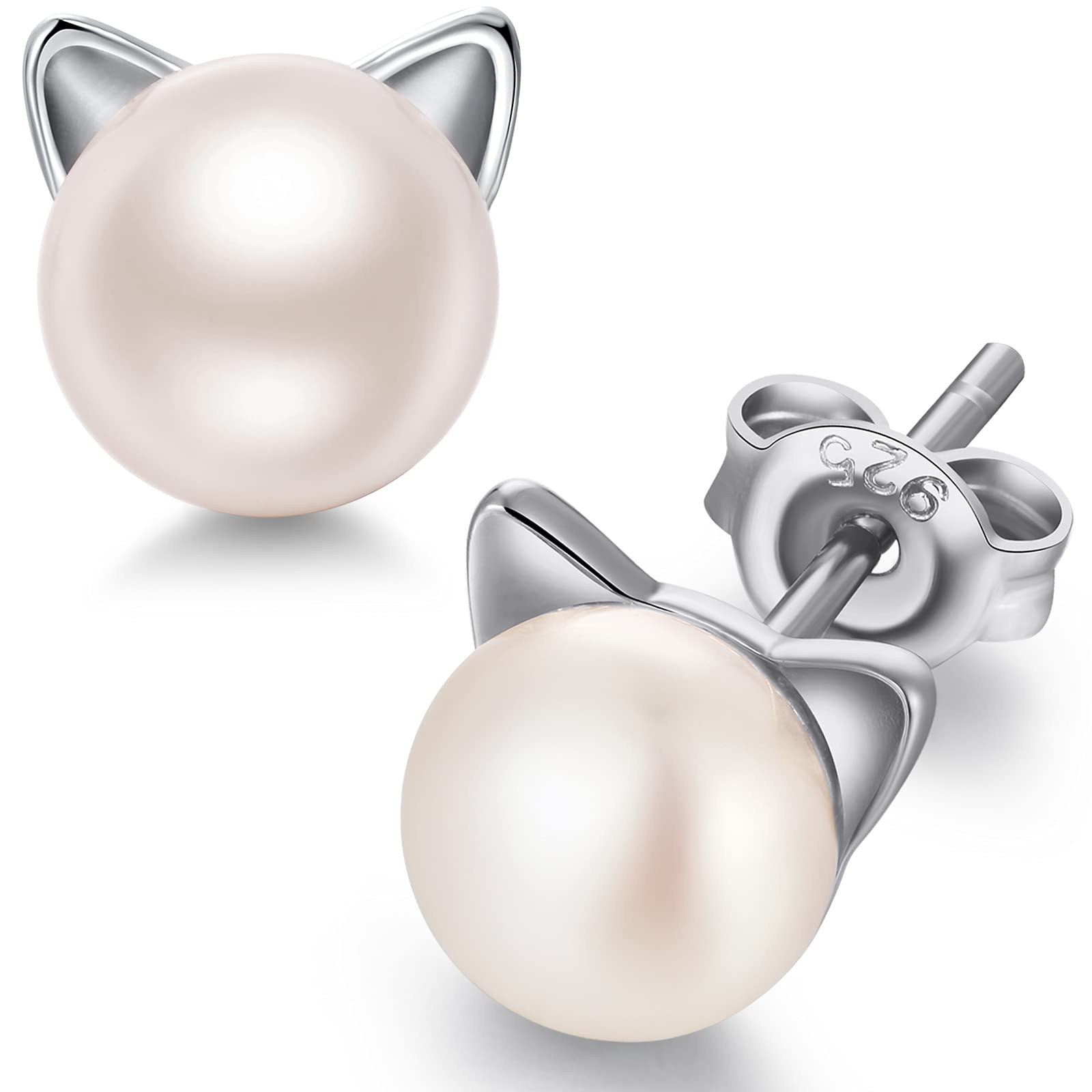 Cat Earrings Pearl Earrings Sterling Silver Cat Jewelry for Women Gifts for Cats Lovers — image 1