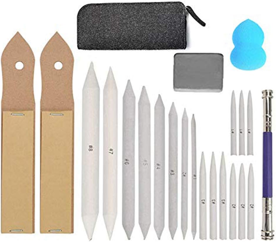 Sketch Drawing Tools, 17 Paper Blending Stump and Tortillions Set with 2 Sandpaper Pencil Sharpeners, 1 Pencil Extension Tool, 2 Erasers & 1 Felt Bag for Student Sketch Drawing Accessories