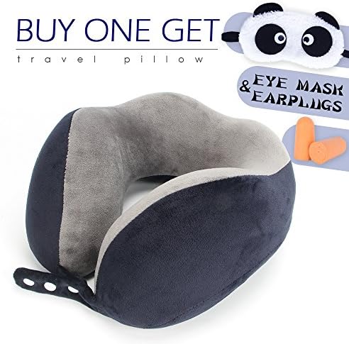 Memory Foam Travel Pillow by ROUTESUN, Navy Blue Comfort Neck Pillow with 360 Head &amp; Neck Support, Airplane Travel Kit With Ultra Plush Velour Cover, Panda Sleep Mask, Ear Plugs, Carry Bag