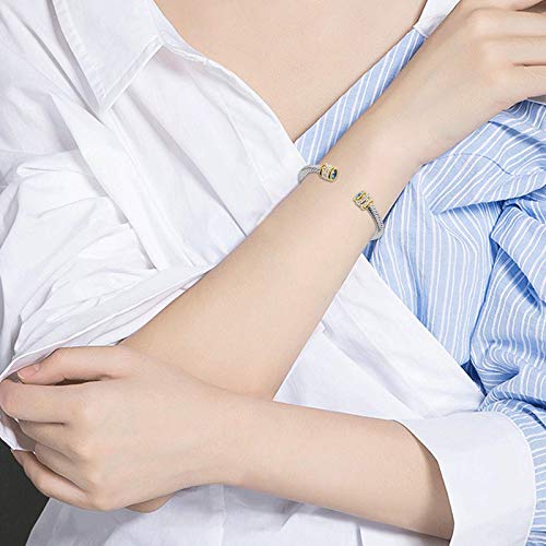 Winhime Birthstone Cable Bangle Bracelets for Women, Stainless Steel Twisted Cable Wire Bracelet for Teen Girls Designer Inspired Cuff Bracelet in Two Tone Silver Gold (Aug-Peridot)