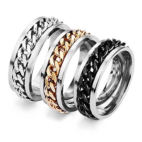 Men Titanium Steel Chain Rings Biker Grooved Edge 8mm Width Black Size 12 - Thumbnail 5