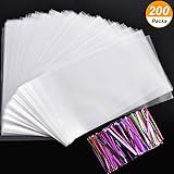 Hotop 200 Pieces 10 by 6 Inches Clear Cellophane Treat Bags Flat Candy Bags with 210 Pieces 7 Colors Twist Ties for Bakery, Cookie Candy and Dessert