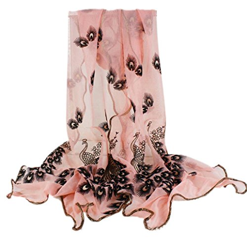 Datework Women Peacock Flower Embroidered Lace Scarf (Pink)