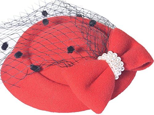 Fascinators for Women Flower Feather Womens Fascinators Pillbox Hat Hair Clip Veil Wedding Headwear (Red 5)