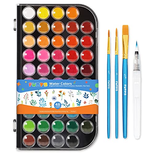 Funto Watercolor Paint Set, 48 Colors with 3 Brushes, 1 Refillable Water Brush Pen and Palette, Washable & Non-toxic Water Coloring Paint for Kids Beginners Students Artists Hobbyists