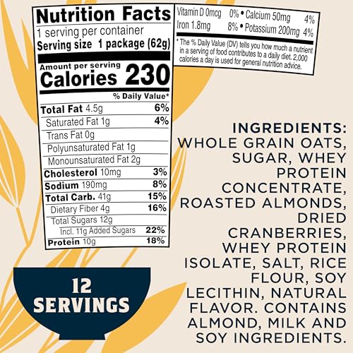 QUAKER PROTEIN INSTANT OATMEAL EXPRESS CUPS, CRANBERRY ALMOND, 10G PROTEIN, 2.18 OUNCE