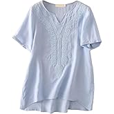 Minibee Women's Linen Shirts Summer Boho Blouse V Neck Short Sleeve Embroidered Tunic Tops