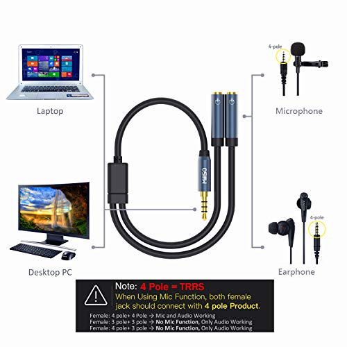 MillSO Headset Splitter for 2 TRRS Headphones or Mics - 3.5mm Jack Adapter TRRS 4-Pole Splitter Male to 2 Dual Female Adapter Compatible for 2 Headphones or Microphones to Connect Mobile Phone, Laptop - Thumbnail 3