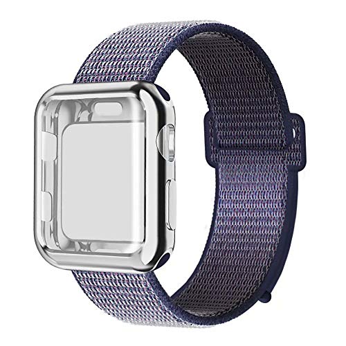 QIENGO Compatible with Apple Watch Band with Case 44MM, Soft Nylon Strap with Silicone Screen Protector, Replacement for iWatch Sport Series 4 (Midnight Blue, 44mm)