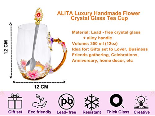 ALITA Luxury Handmade Pink and Purple Flower Crystal Glass Tea Cup/Coffee Mug with Spoon Gift Set (12oz)