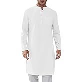 Gafeng Mens Kaftan Robe Button Down Long Sleeve Henley Cotton Thobe Casual Side Split Gown Shirt