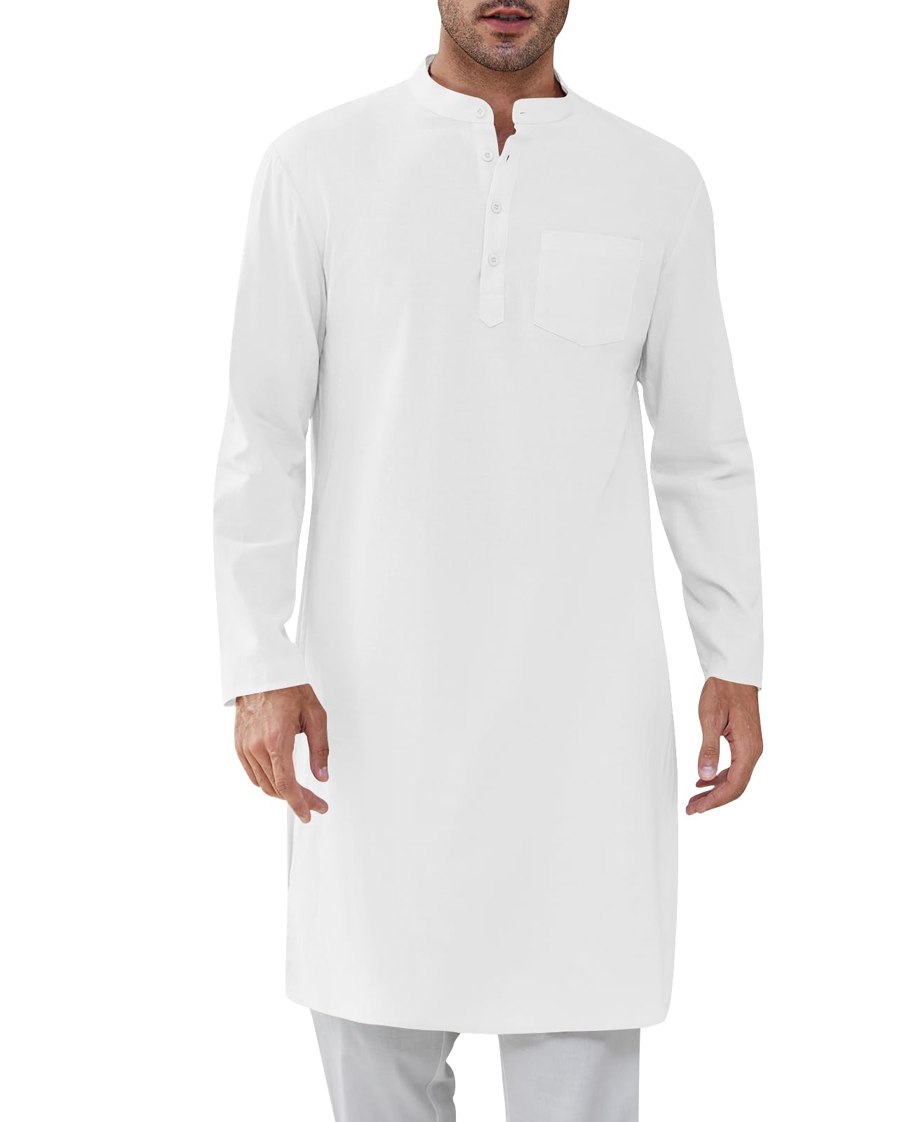Photo 1 of OFF WHITE Gafeng Mens Kaftan Robe Button Down Long Sleeve Henley Cotton Thobe Casual Side Split Gown Shirt White