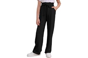 Vieille Girls Wide Leg Pants with Bow Belt High Waisted All-Match Casual Trousers with Pockets 7-14 Years