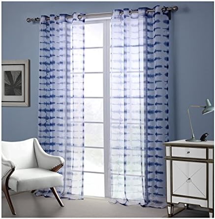 Window Treatment Blue Striped Sheers Blue Voile Curtain Grommet 2-pieces (52 by 84 inch)