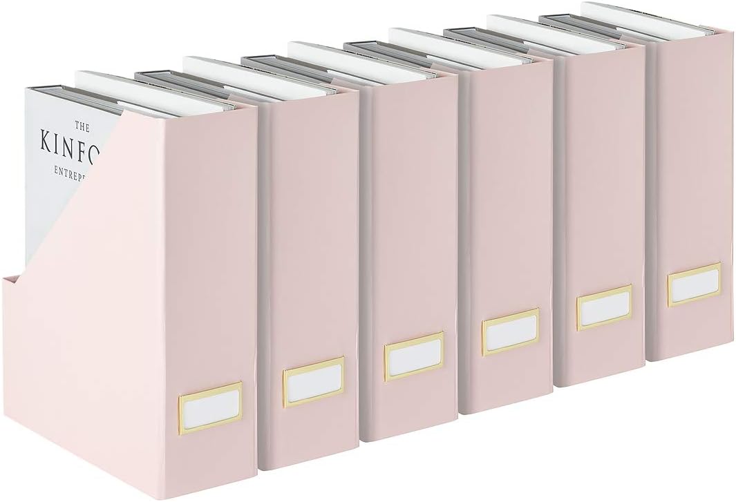 Blu Monaco Foldable Pink Magazine Holder with Gold Label Holder - Set of 6 - Cardboard Magazine File Boxes Desk File Organizer: Home & Kitchen