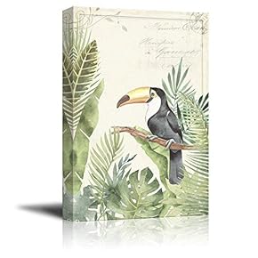 Vintage Style Toucan Bird on Tropical Leaves Background